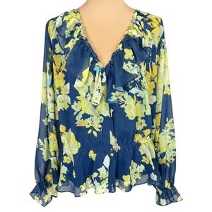 NWT Marée Pour Toi‎ Floral Ruffle Blouse Sheer Top Navy Yellow 22 Feminine